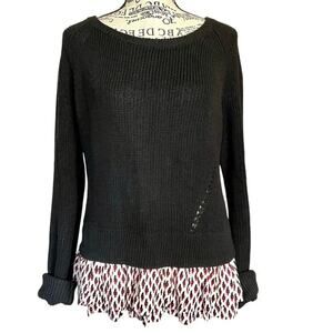 Maje Size M Black Linen Cotton Knit Peplum Hem Crewneck Sweater